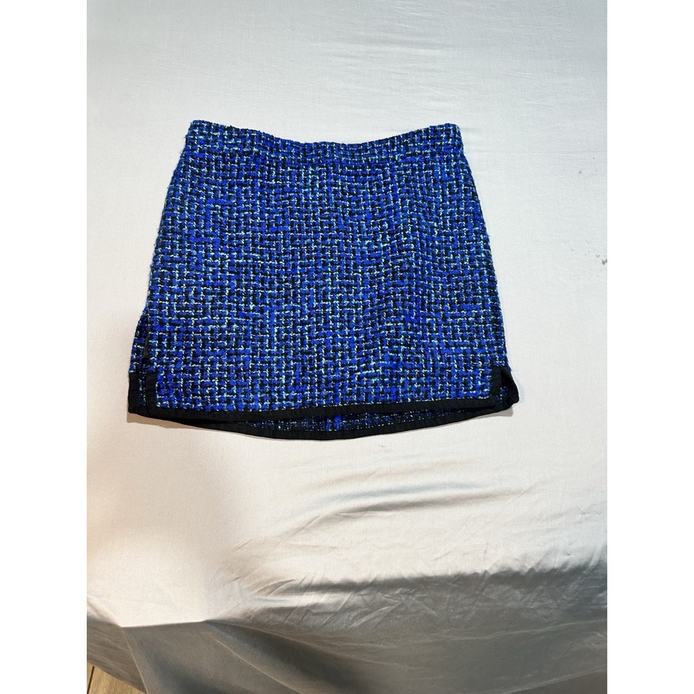 J. Crew Blue/Black/Aqua Tweed Boucle Mini Skirt w/ Ribbon Trim‎ Size 8